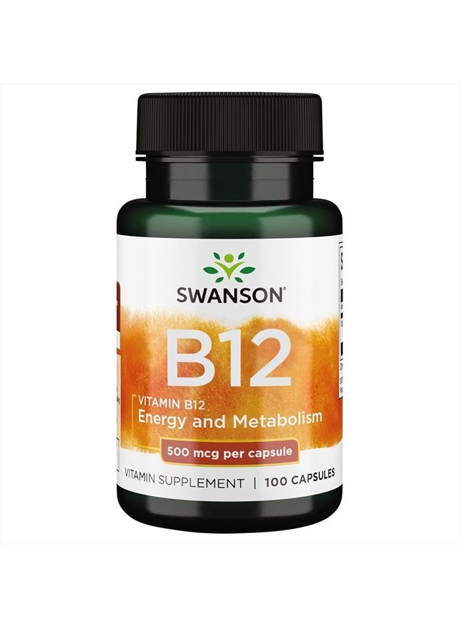 SWANSON Vitamin B-12 (Cyanocobalamin) Energy Cardivascular Health Support 500 mcg 100 Capsules - Image 1