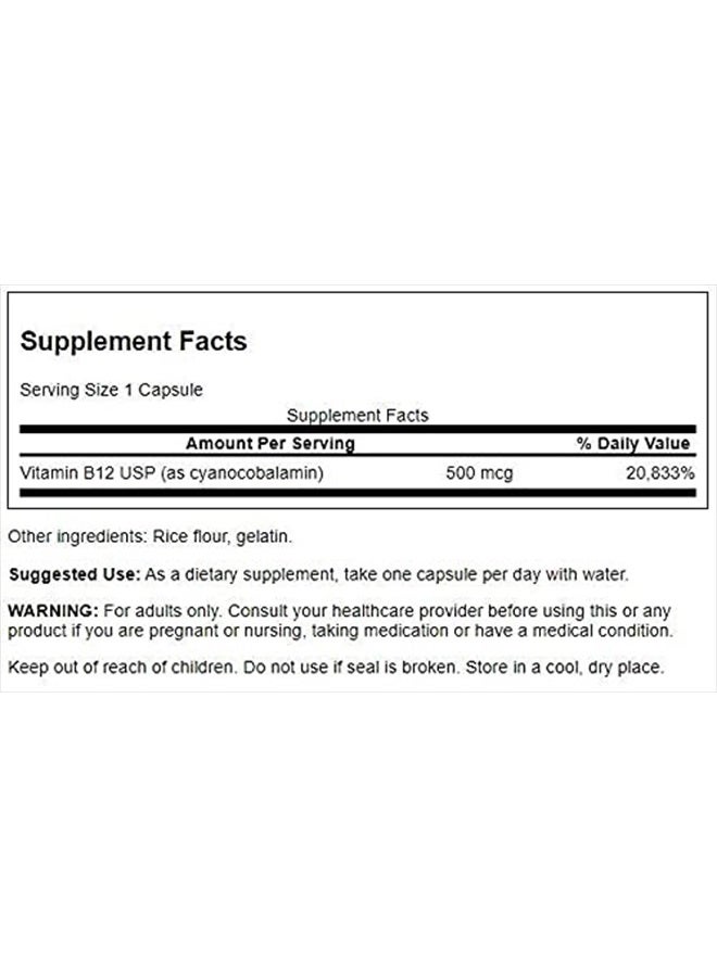SWANSON Vitamin B-12 (Cyanocobalamin) Energy Cardivascular Health Support 500 mcg 100 Capsules - Image 2