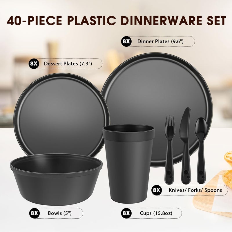 Blwan 40 Piece Plastic Dinnerware Set for 8 with Cutlery, Unbreakable Plates and Bowls Set, Dishwasher & Microwave Safe Reusable Dish Set for Camping, RV, Outdoor Kitchen, Apartment Dining, Black - Image 2