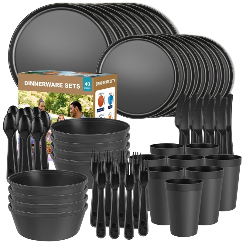 Blwan 40 Piece Plastic Dinnerware Set for 8 with Cutlery, Unbreakable Plates and Bowls Set, Dishwasher & Microwave Safe Reusable Dish Set for Camping, RV, Outdoor Kitchen, Apartment Dining, Black - Image 1