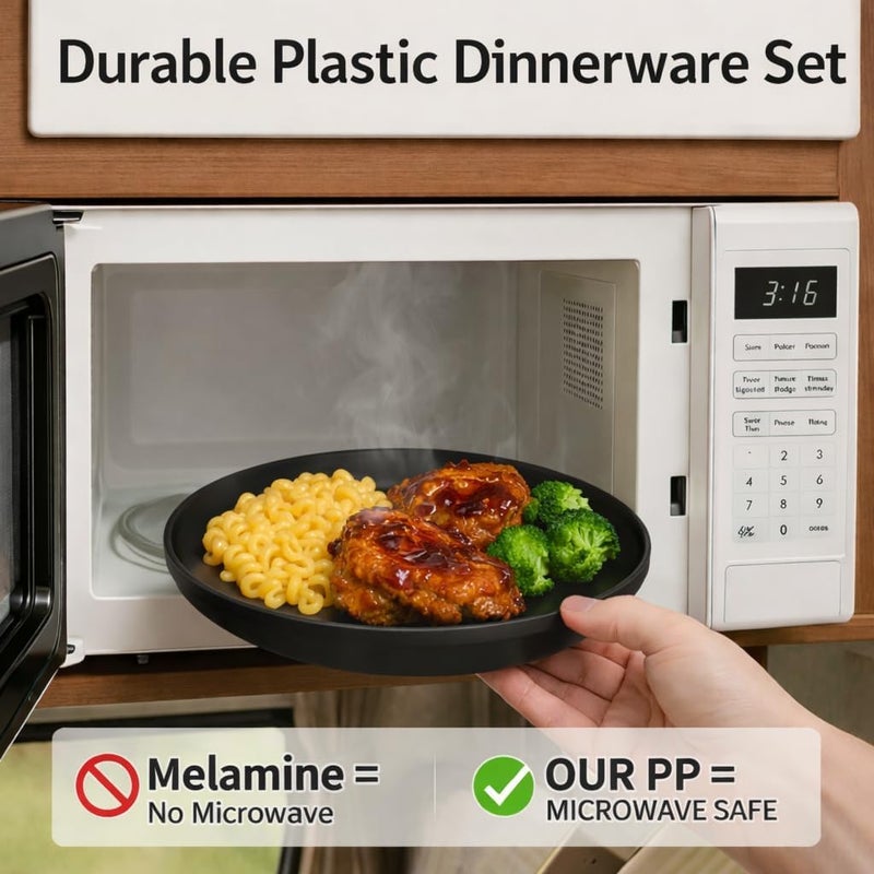 Blwan 40 Piece Plastic Dinnerware Set for 8 with Cutlery, Unbreakable Plates and Bowls Set, Dishwasher & Microwave Safe Reusable Dish Set for Camping, RV, Outdoor Kitchen, Apartment Dining, Black - Image 3