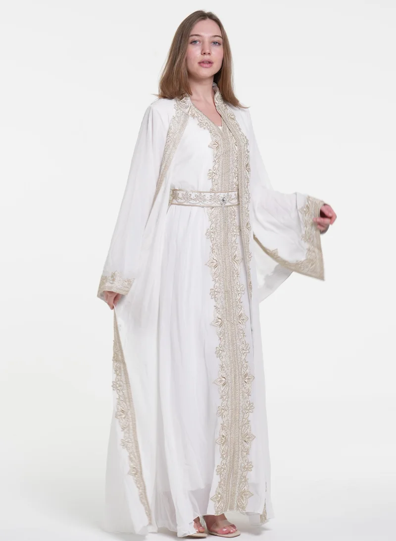 AL BENT AL SHARQIEH white belted elegant kaftan dress for Women | Best Price UAE