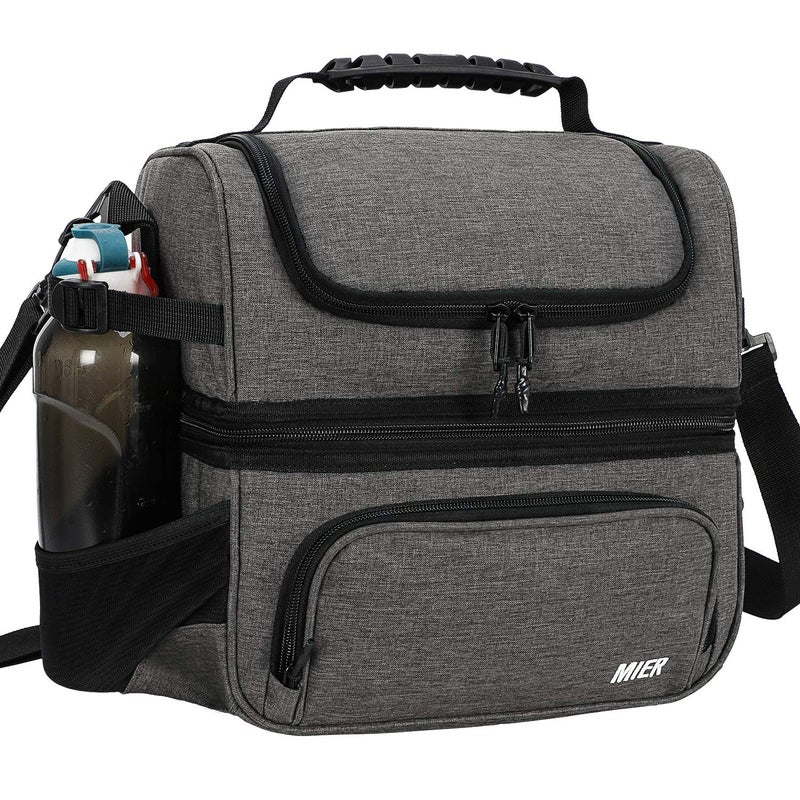 MIER Dual Compartment Lunch Bag Tote with Shoulder Strap for Men and Women Insulated Leakproof Cooler Bag Grey