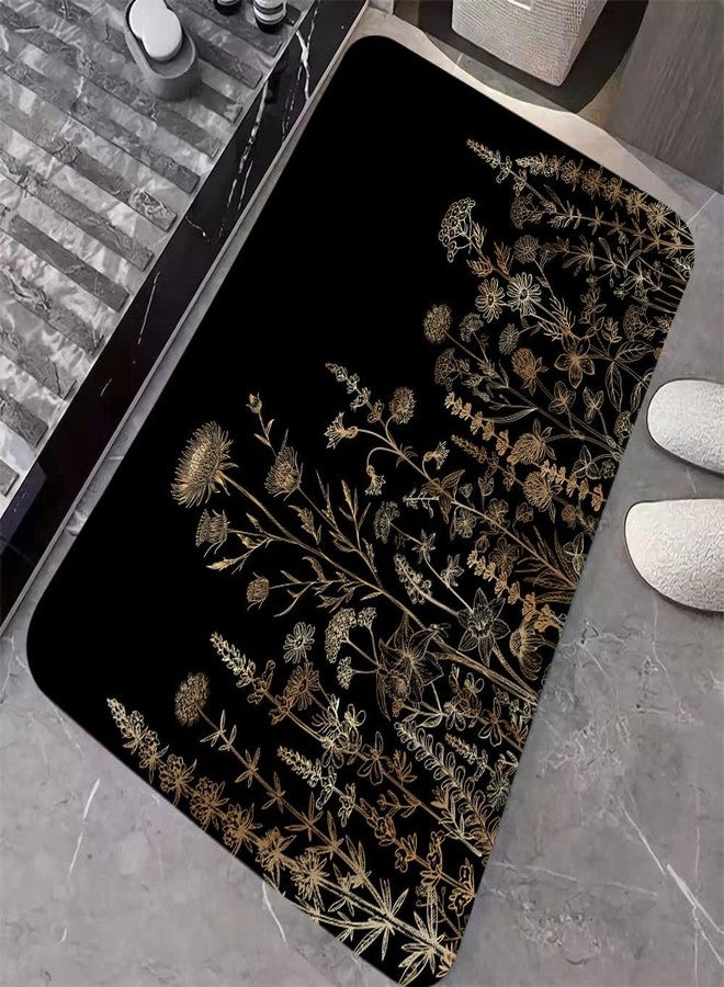 GOAOK Vintage Black and Gold Boho Bathroom Rugs, Black and Tan Cream Floral Aesthetic Dark Wildflower Botanical Flowers Outdoor Rug, Soft Non Slip Floor Rugs for Living Room Doormat, 17x29 - Image 1