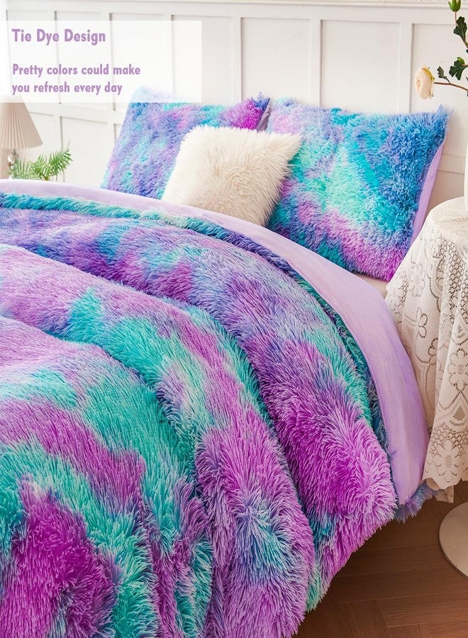 PERFEMET Fuzzy Girls Queen Size Bedding Set 3 Pieces Luxury Purple and Teal Faux Fur Fluffy Comforter for Kids Teens Ultra Soft Warm Tie Dye Velvet Plush Shaggy Bed Comforter Sets(Purple Teal, Queen) - Image 4