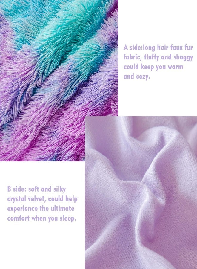 PERFEMET Fuzzy Girls Queen Size Bedding Set 3 Pieces Luxury Purple and Teal Faux Fur Fluffy Comforter for Kids Teens Ultra Soft Warm Tie Dye Velvet Plush Shaggy Bed Comforter Sets(Purple Teal, Queen) - Image 5