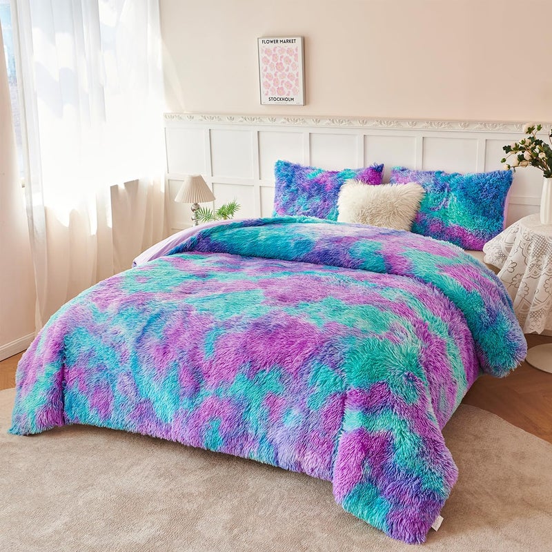 PERFEMET Fuzzy Girls Queen Size Bedding Set 3 Pieces Luxury Purple and Teal Faux Fur Fluffy Comforter for Kids Teens Ultra Soft Warm Tie Dye Velvet Plush Shaggy Bed Comforter Sets(Purple Teal, Queen) - Image 1