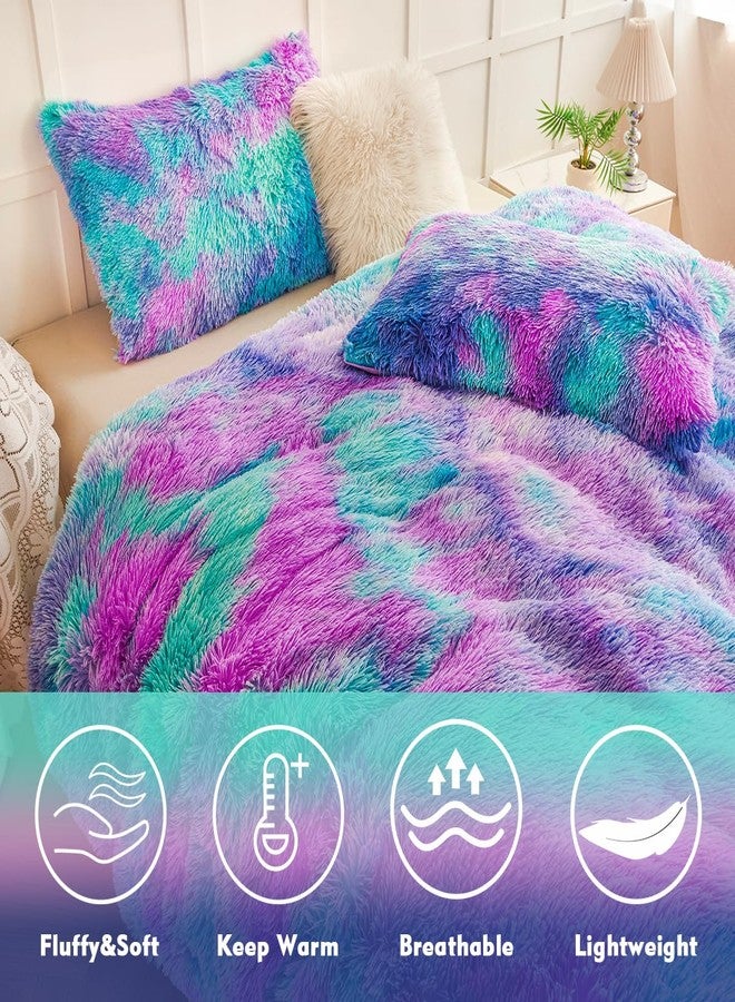 PERFEMET Fuzzy Girls Queen Size Bedding Set 3 Pieces Luxury Purple and Teal Faux Fur Fluffy Comforter for Kids Teens Ultra Soft Warm Tie Dye Velvet Plush Shaggy Bed Comforter Sets(Purple Teal, Queen) - Image 3