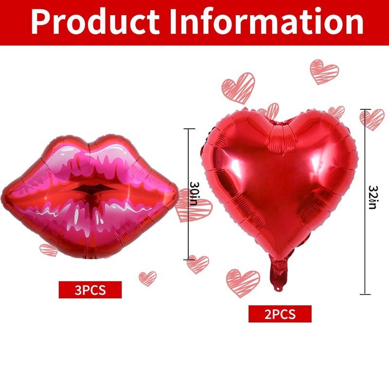 Vuzvuv 5 Packs of Large Pink Huge Red Lips Balloons Heart Ballons for Makeup Themed Party Anniversary Decor, Kiss The Miss Goodbye(30 Inch) - Image 2