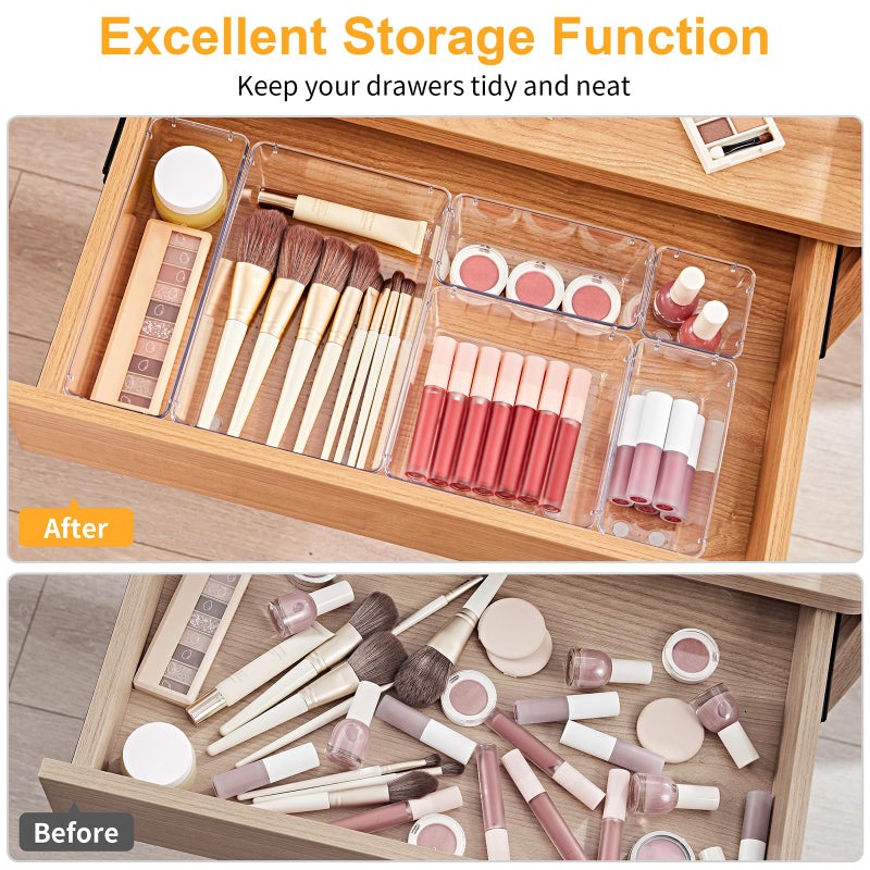 سمارت تايك منظم أدراج سمارتيك مكون من 13 قطعة مع وسادات سيليكون مانعة للانزلاق، صواني تنظيم أدراج مكتبية بخمسة أحجام، صينية تخزين للمكياج والمجوهرات والأواني في غرفة النوم أو خزانة الملابس أو المكتب أو المطبخ، شفاف - Image 4