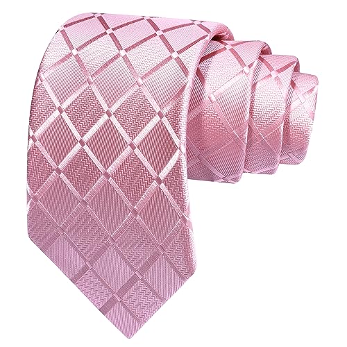 GUSLESON Pink Mens Plaid Checkered Wedding Necktie Pocket Square Cufflinks and Lapel Pin Brooch Set (IN6104-17) - Image 3