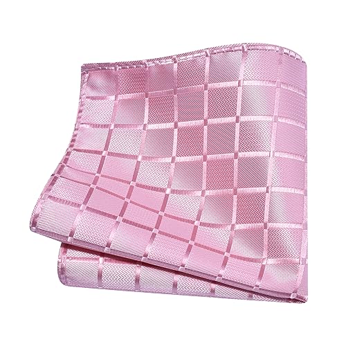 GUSLESON Pink Mens Plaid Checkered Wedding Necktie Pocket Square Cufflinks and Lapel Pin Brooch Set (IN6104-17) - Image 4