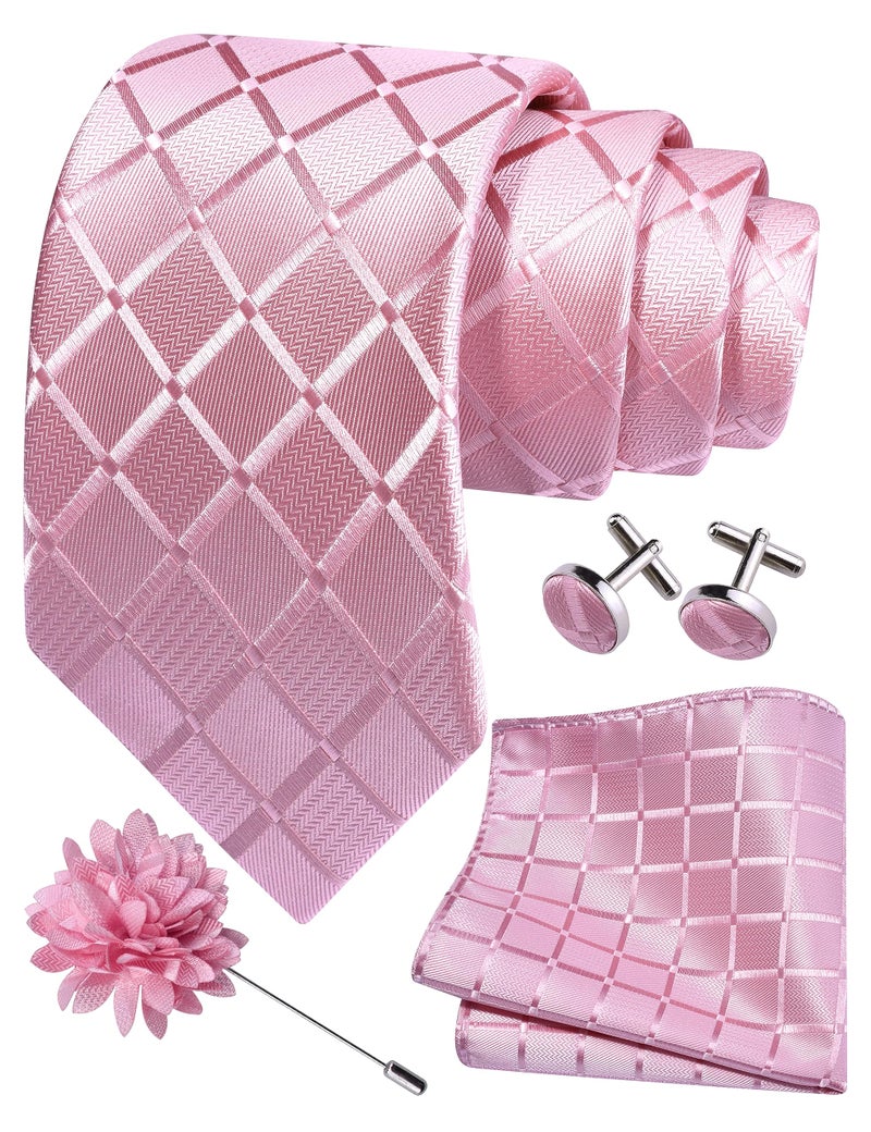 GUSLESON Pink Mens Plaid Checkered Wedding Necktie Pocket Square Cufflinks and Lapel Pin Brooch Set (IN6104-17) - Image 1
