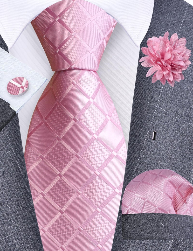 GUSLESON Pink Mens Plaid Checkered Wedding Necktie Pocket Square Cufflinks and Lapel Pin Brooch Set (IN6104-17) - Image 2