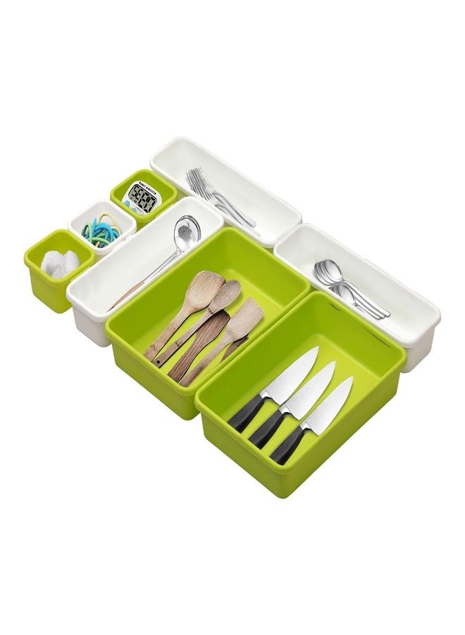 divinezon Interlocking Drawer Organizer Storage Rack Cutlery & Desk Storage for Household, Kitchen & Office | White/Green | Set of 08 - Image 1