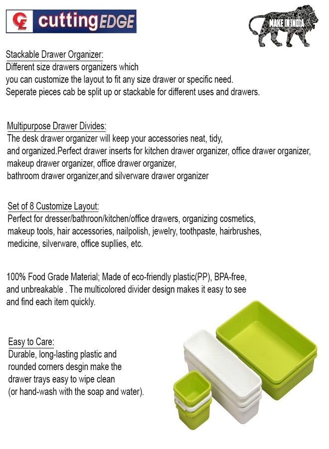 divinezon Interlocking Drawer Organizer Storage Rack Cutlery & Desk Storage for Household, Kitchen & Office | White/Green | Set of 08 - Image 5