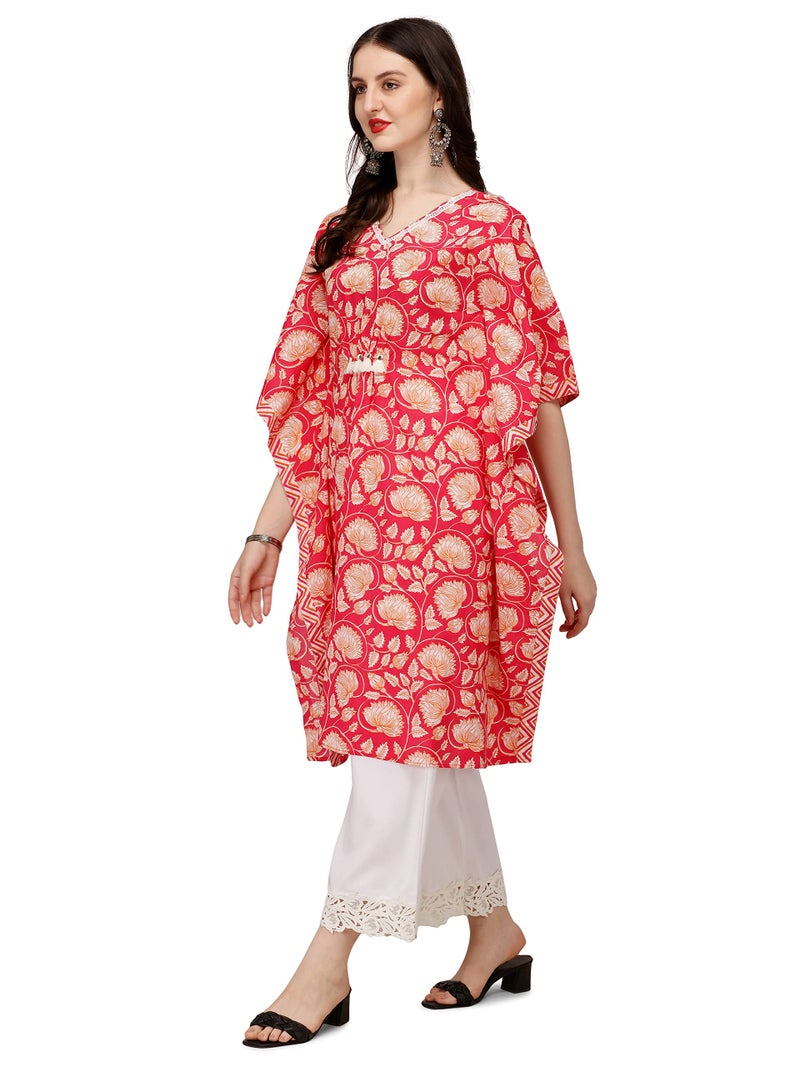FIORRA Women's Printed Red Pure Cotton Kaftan Kurta FAR0097-S - Image 2