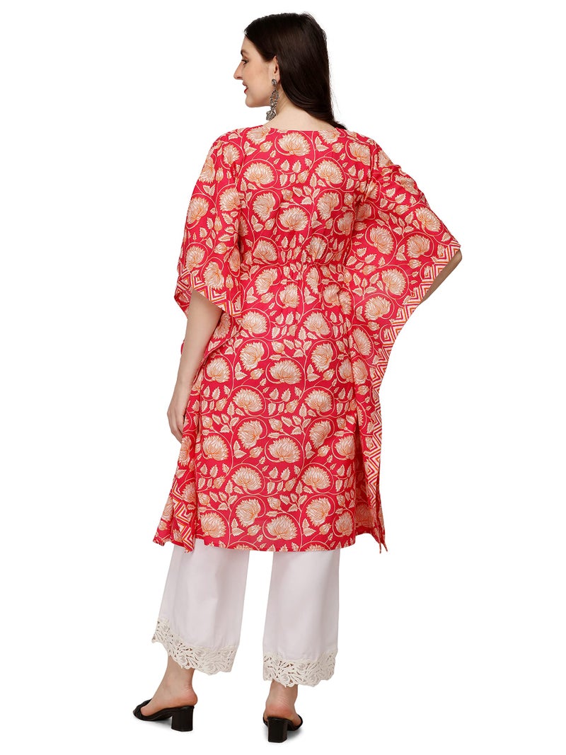 FIORRA Women's Printed Red Pure Cotton Kaftan Kurta FAR0097-S - Image 3