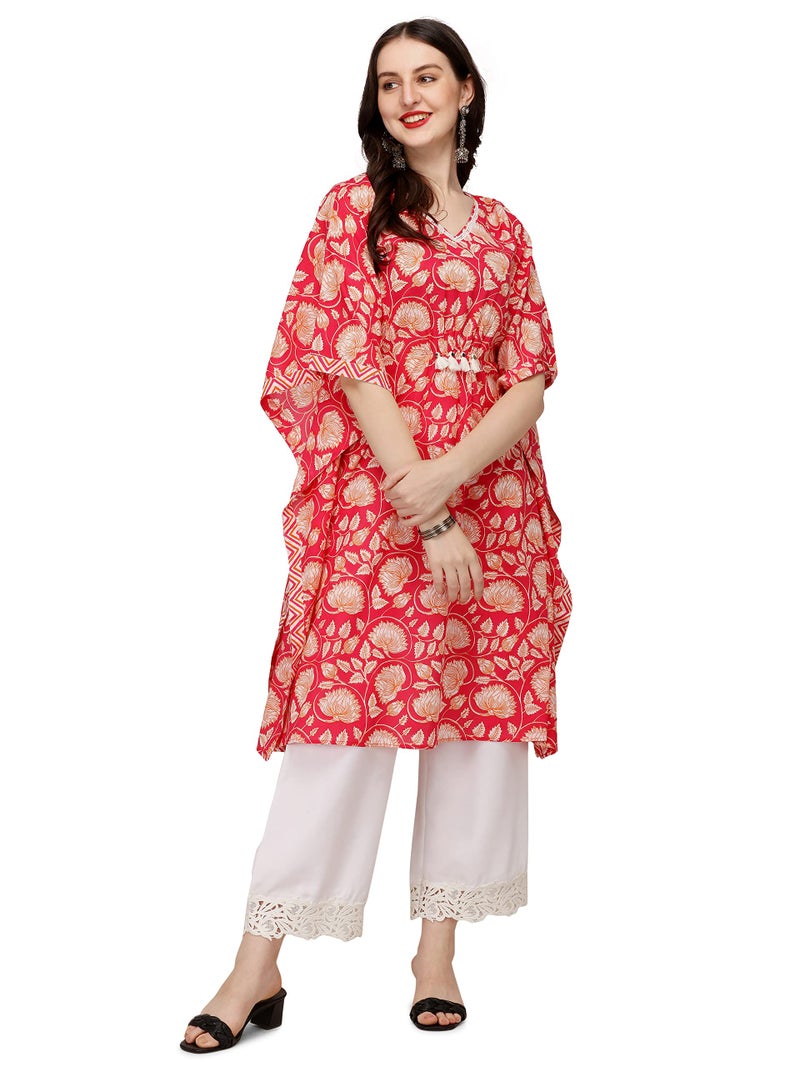 FIORRA Women's Printed Red Pure Cotton Kaftan Kurta FAR0097-S - Image 5