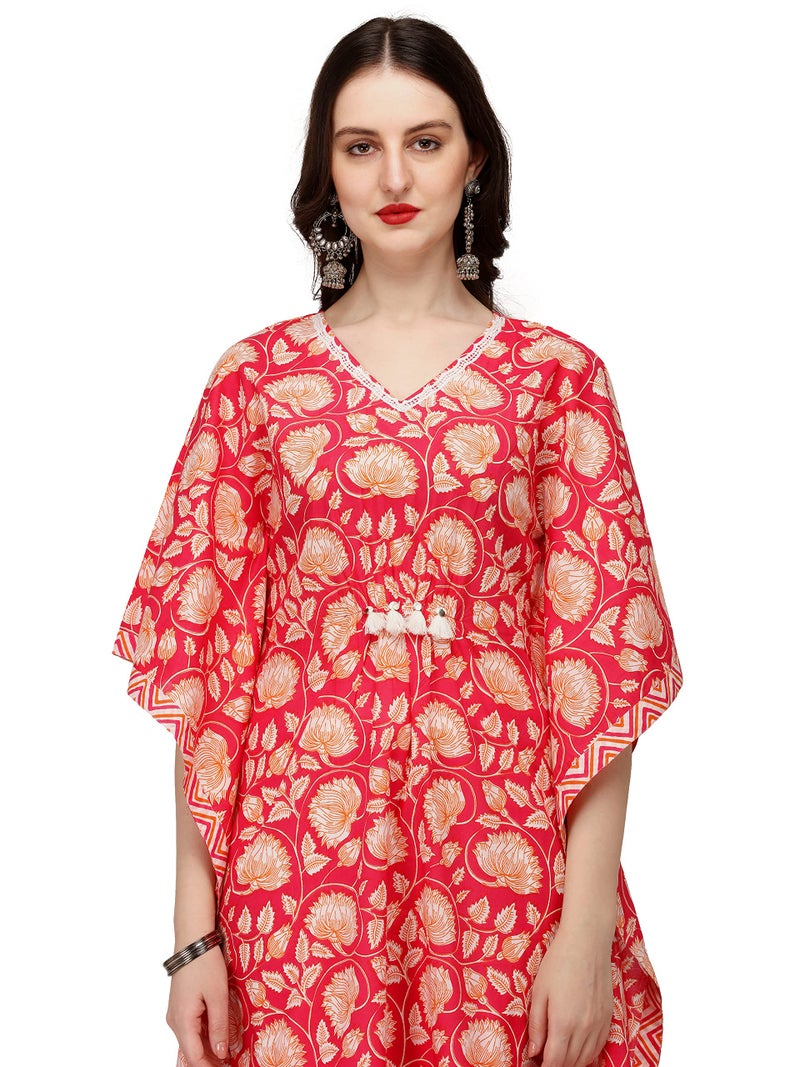 FIORRA Women's Printed Red Pure Cotton Kaftan Kurta FAR0097-S - Image 4