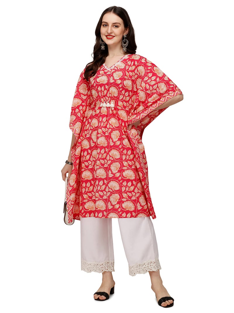 FIORRA Women's Printed Red Pure Cotton Kaftan Kurta FAR0097-S - Image 1