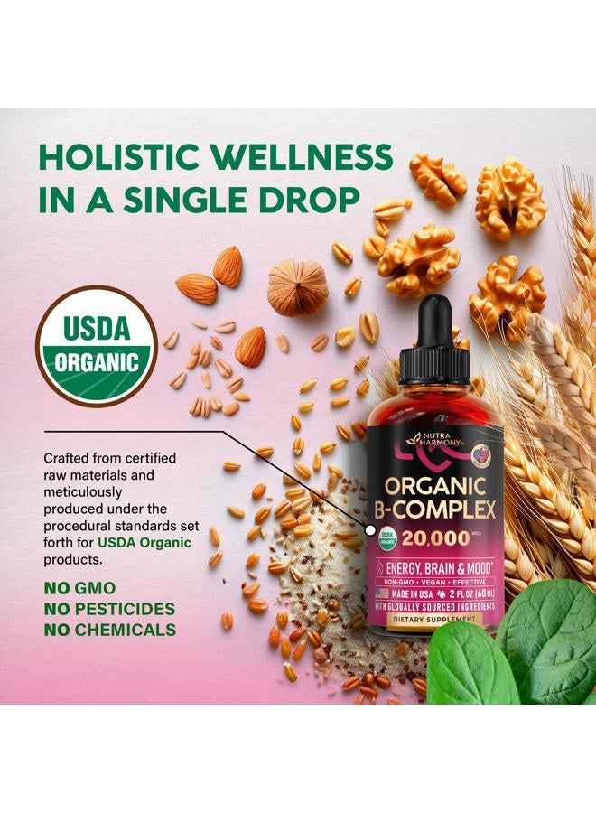 NUTRAHARMONY USDA Organic Vitamin B-Complex B5 Pantothenic Acid | B12 Methylcobalamin | B1 Thiamine | B6 Pyridoxine | B7 Biotin | B9 Folic | B3 Niacinamide - B Complex Liquid Drops, Made in USA Supplement, 2fl oz - Image 3