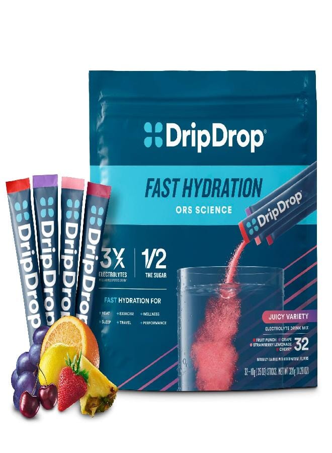 DripDrop Hydration Packets - Juicy Variety Pack - Single Serve Electrolytes Powder Drink Mix - Grape, Fruit Punch, Strawberry Lemonade, Cherry - Non-GMO, Gluten Free, Vegan - 32 Sticks - Image 1