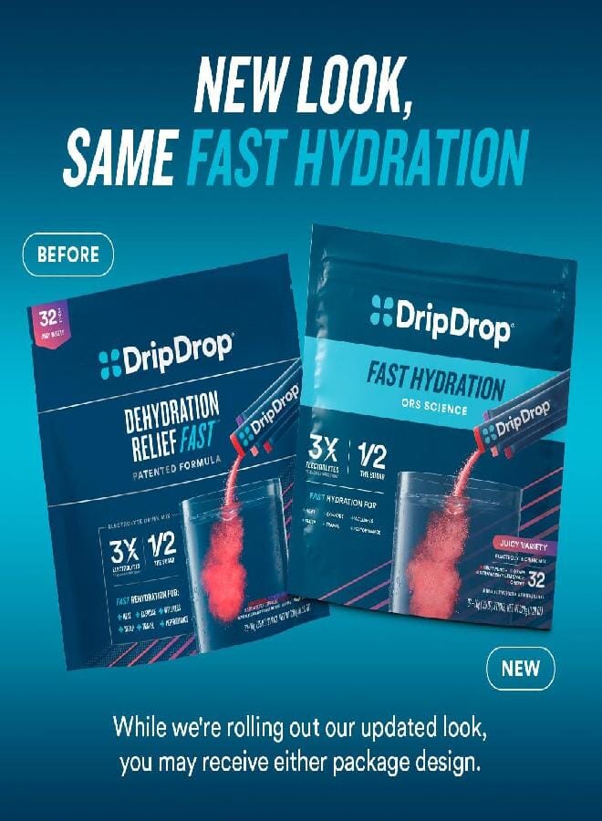 DripDrop Hydration Packets - Juicy Variety Pack - Single Serve Electrolytes Powder Drink Mix - Grape, Fruit Punch, Strawberry Lemonade, Cherry - Non-GMO, Gluten Free, Vegan - 32 Sticks - Image 4