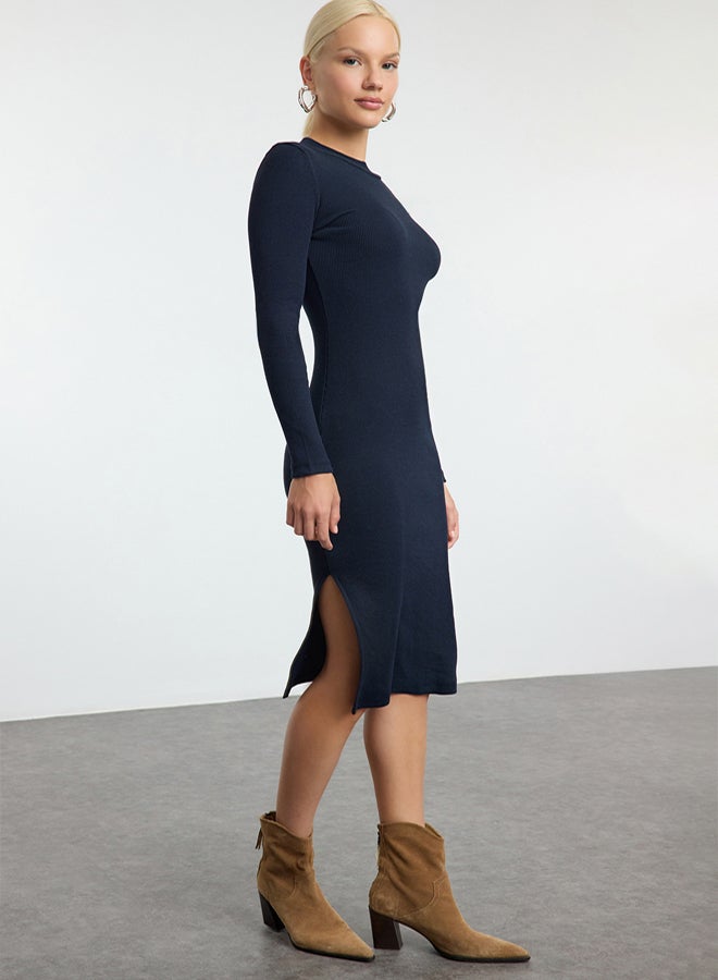 trendyol Navy Blue Body-Styling Slit Crew Neck Midi Ribbed Flexible Knit Dress - Image 2