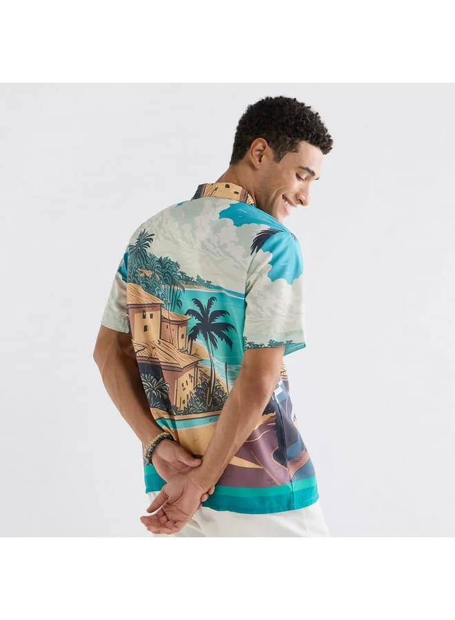 Splash FAV All-Over Graphic Print Shirt with Camp Collar and Short Sleeves