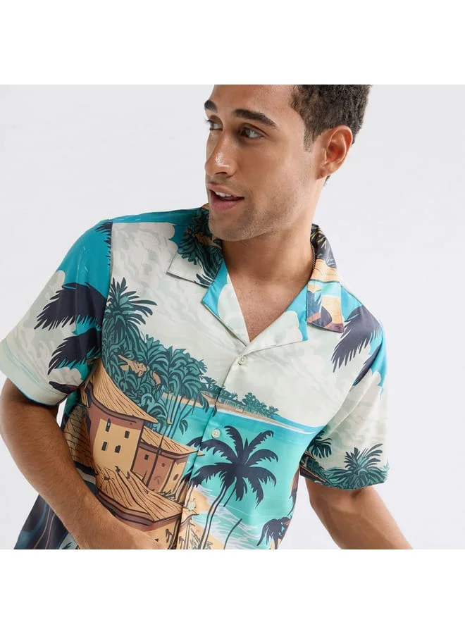 Splash FAV All-Over Graphic Print Shirt with Camp Collar and Short Sleeves