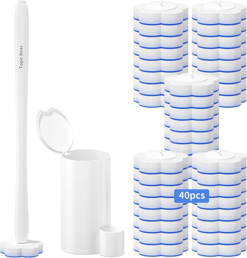 Topo Bear فرشاة مرحاض يمكن التخلص منها من توبو بير مع 40 عبوة إضافية لعصا التنظيف، مجموعة بدء نظام تنظيف المرحاض - Image 1