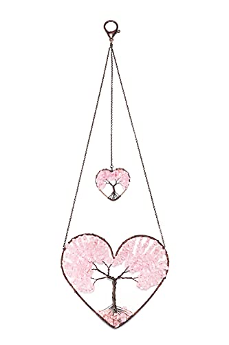 JOVIVI Tree of Life Feng Shui Crystal Heart Hanging Ornament Rose Quartz Gemstones Healing Stones Yoga Meditation Window Wall Hanger for Home Wedding Decor