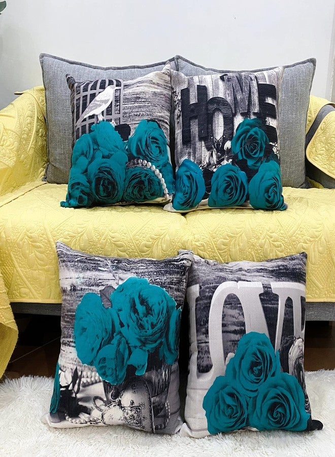 YOOOAHU Turquoise Throw Pillows Covers 18x18 Set of 4 Farmhouse Grey Teal Pillow Cover for Couch Outdoor Patio Furniture Decorative Linen Cotton Rose Flower Cushion Case Bed Sofa Living Room Home Decorations - Image 1