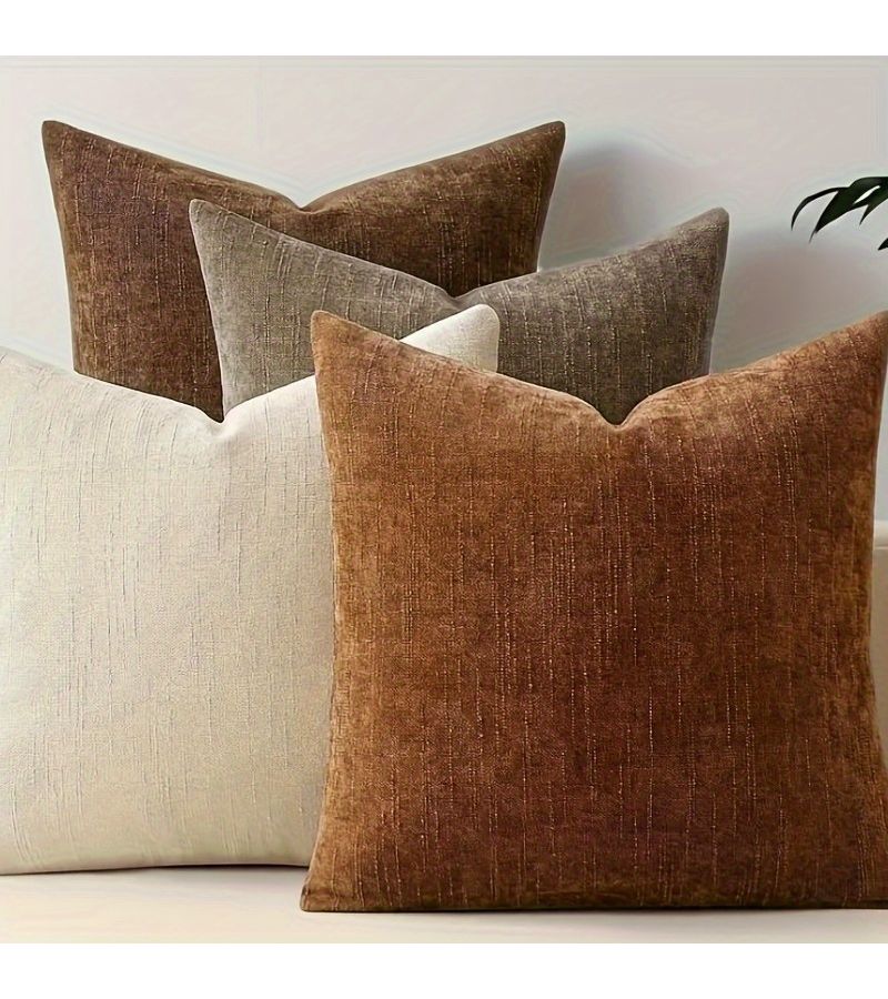 Set Of 4 Neutral Decorative Pillow Covers With Chenille Texture Zippered For Sofa Bedroom And Living Room Seasonal Home Decor - Image 1