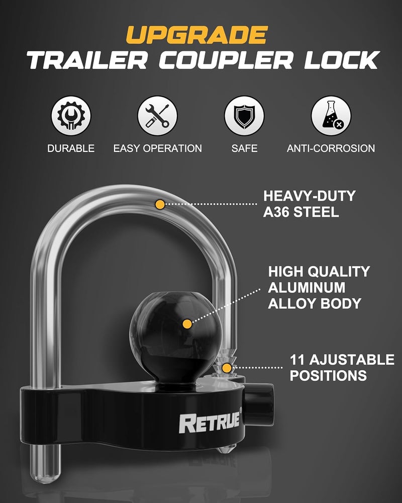 RETRUE Universal Coupler Lock Trailer Locks Ball Hitch Trailer Hitch Lock Adjustable Security Heavy-Duty Steel fits 1-7/8 Inch, 2 Inch, 2-5/16 Inch Couplers, Black, Lightweight - Image 4