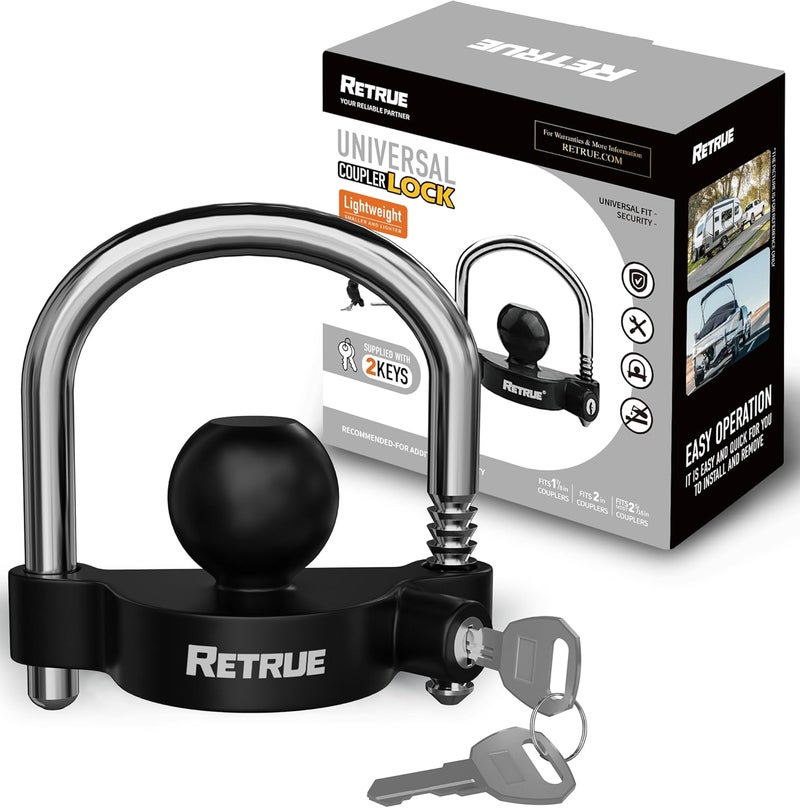 RETRUE Universal Coupler Lock Trailer Locks Ball Hitch Trailer Hitch Lock Adjustable Security Heavy-Duty Steel fits 1-7/8 Inch, 2 Inch, 2-5/16 Inch Couplers, Black, Lightweight - Image 1