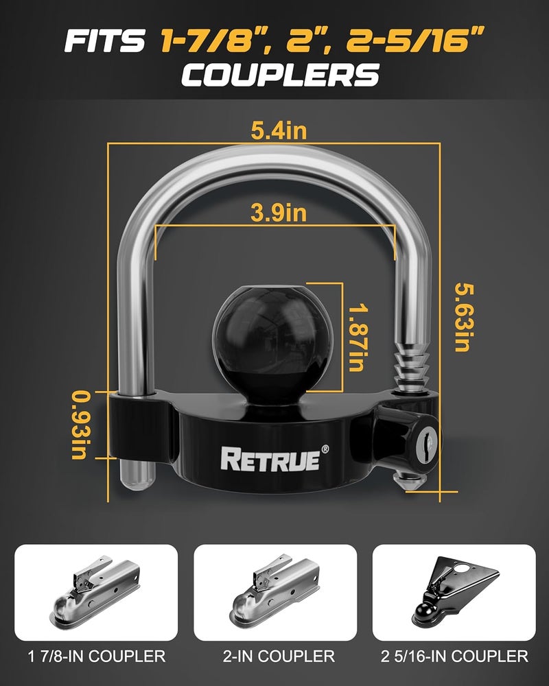 RETRUE Universal Coupler Lock Trailer Locks Ball Hitch Trailer Hitch Lock Adjustable Security Heavy-Duty Steel fits 1-7/8 Inch, 2 Inch, 2-5/16 Inch Couplers, Black, Lightweight - Image 2
