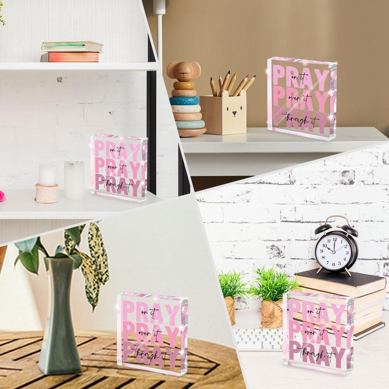 zaxek Pink Inspirational Decor Pray Over It Bible Verse Wall Art Christian Gifts for Women, 4x 4 Inches Office Desk Accessories Decor Sign, Pink Dorm Room Decoration for Women - Pray on it Pray through it - Image 4