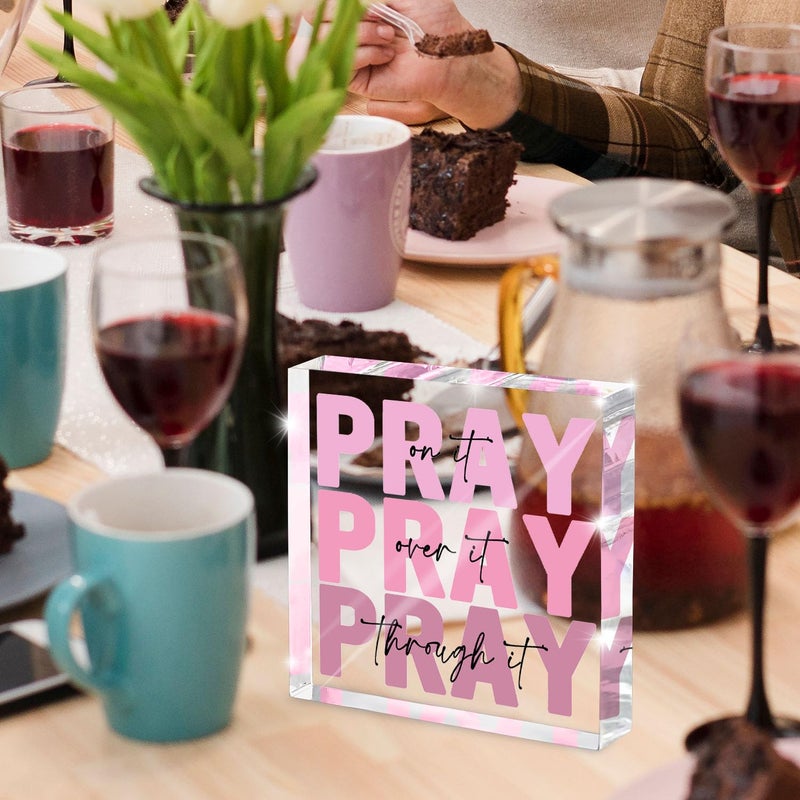 zaxek Pink Inspirational Decor Pray Over It Bible Verse Wall Art Christian Gifts for Women, 4x 4 Inches Office Desk Accessories Decor Sign, Pink Dorm Room Decoration for Women - Pray on it Pray through it - Image 3