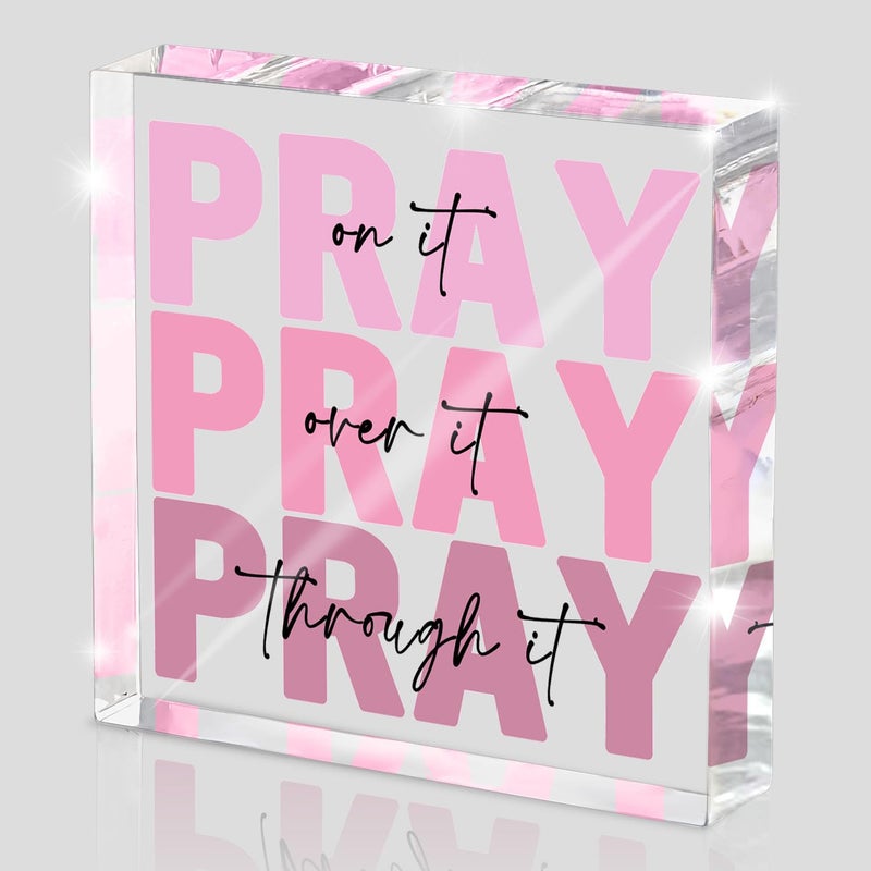 zaxek Pink Inspirational Decor Pray Over It Bible Verse Wall Art Christian Gifts for Women, 4x 4 Inches Office Desk Accessories Decor Sign, Pink Dorm Room Decoration for Women - Pray on it Pray through it - Image 1
