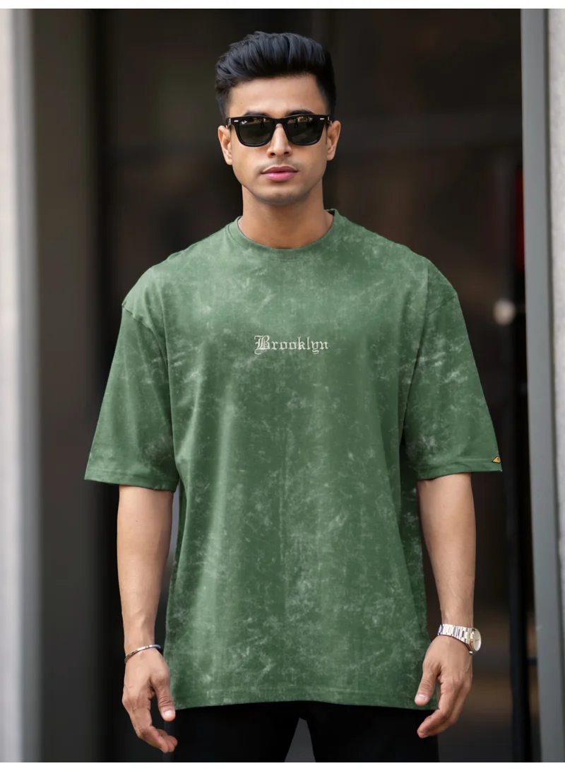 Maniac Maniac Mens Acid Wash Printed Brooklyn Round Neck 3/4th Sleeve Hunter Green Cotton T-Shirt