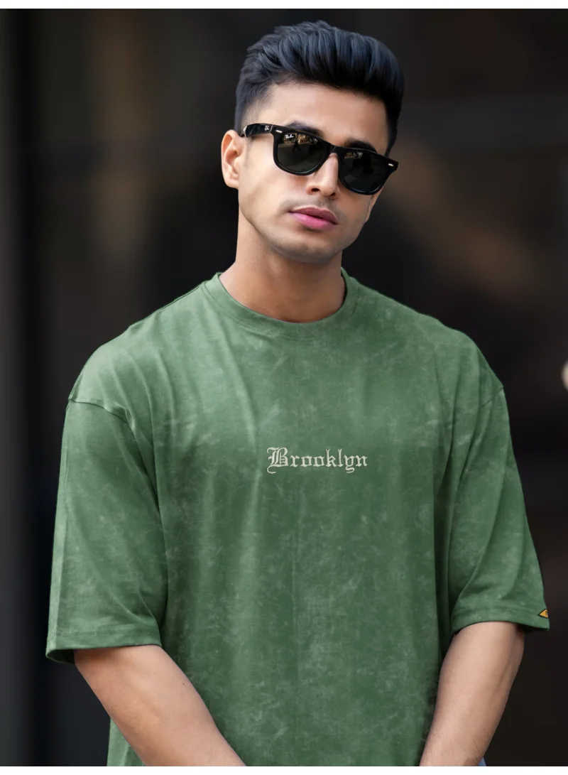 Maniac Maniac Mens Acid Wash Printed Brooklyn Round Neck 3/4th Sleeve Hunter Green Cotton T-Shirt