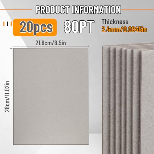 JNENERY 20Pcs Book Board 8.5 x 11", 80pt Chipboard for Book Binding Cover, Heavy Duty Binders Board, Thick Sturdy Kraft Board, Cardboard Sheets for Crafts, DIY Projects, Packaging (Grey) - Image 2