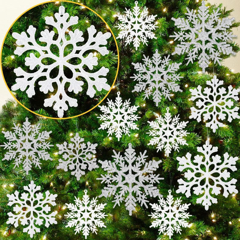 White and Silver Christmas Snowflake Ornaments 36Pcs Plastic Glitter Hanging Snow Flakes for Christmas Tree Decorations Winter Wonderland Frozen Birthday Party Holiday Home Decor Craft Snowflakes