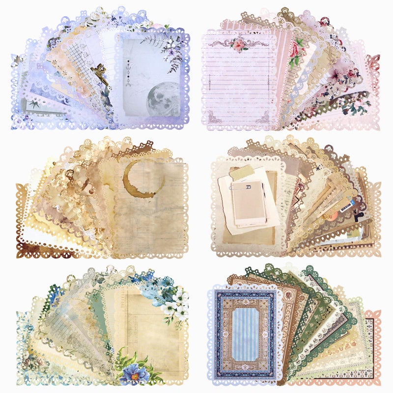 GAUENEEN 60 Sheets Lace Edged Vintage Scrapbook Paper, Assorted Set - 6 Pack Aesthetic Stationery Paper for DIY Art Crafts Scrapbooking Journal Photo Album - Image 1