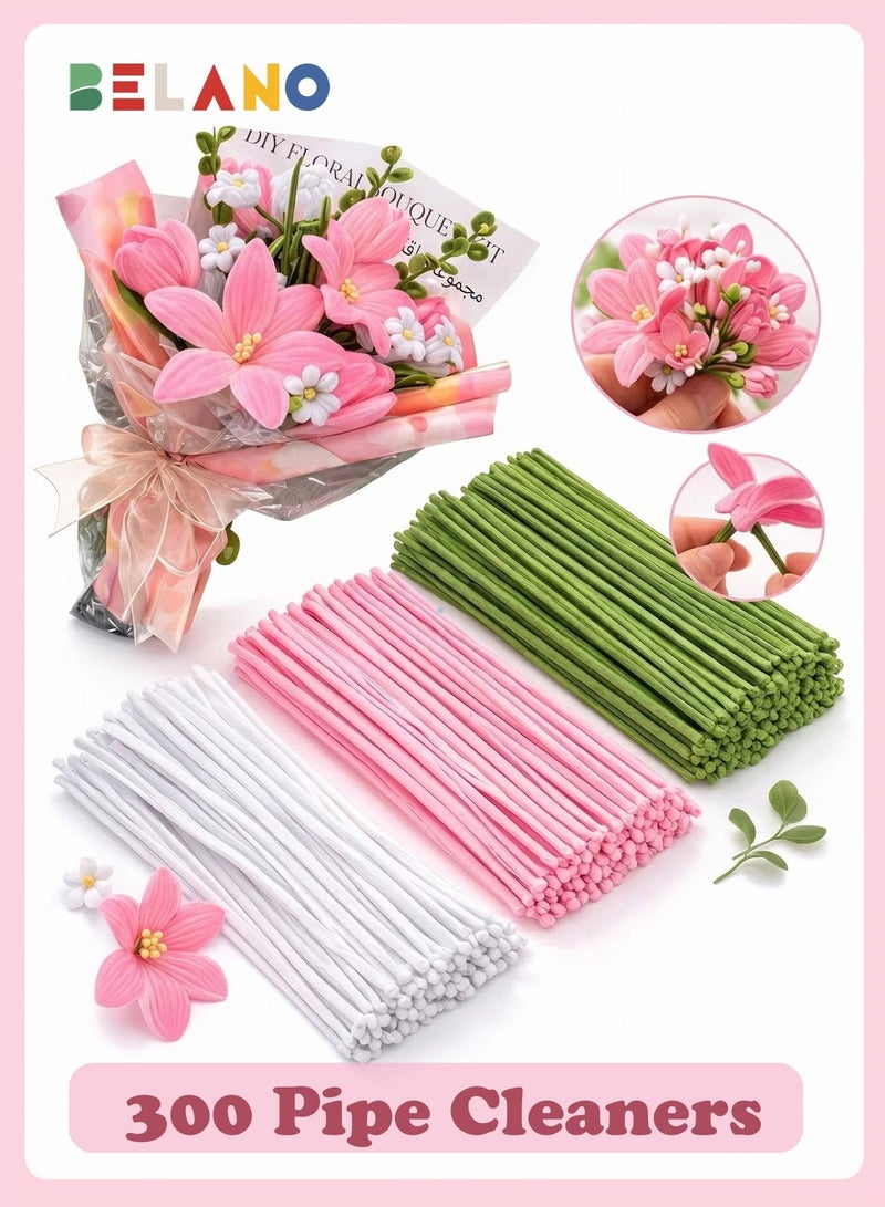 BELANO 300Pcs Pipe Cleaners, Chenille Stems and Fuzzy Wires for Arts and Crafts, DIY Pipe Cleaner Flowers and Headbands, Craft Items for Kids and Adults, White Pink and Green - Image 1