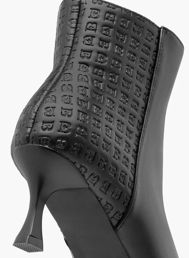 Flora Bella By Shoexpress Women Monogram Embossed Ankle Boots with Kitten Heels and Zip Closure