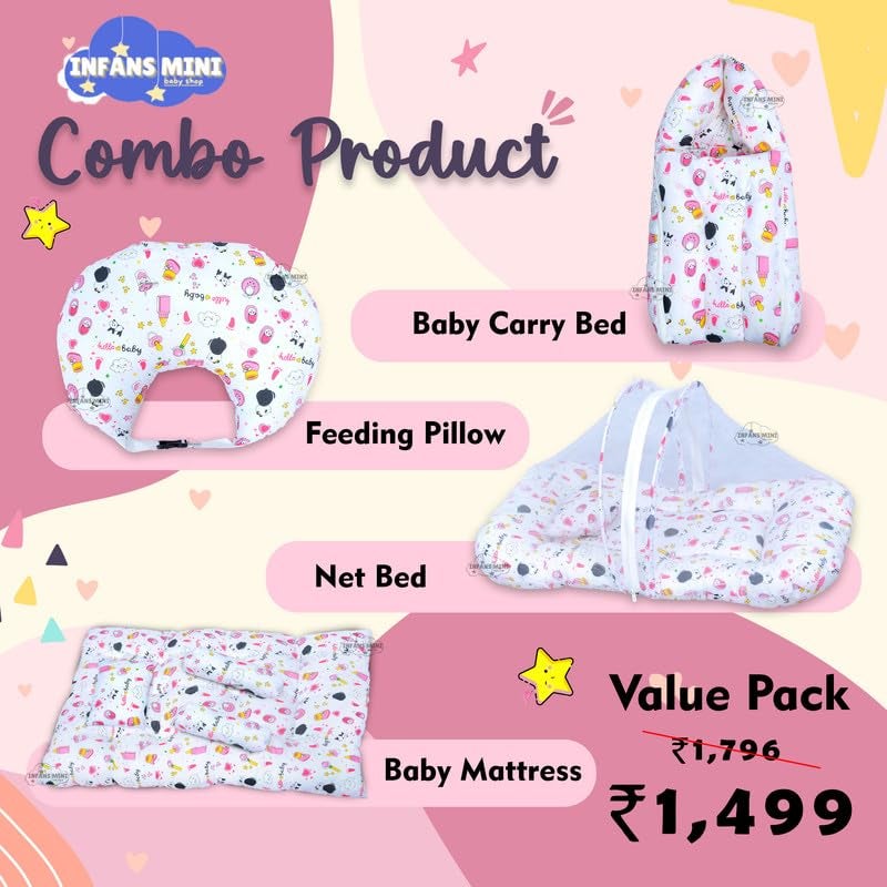 Infans Mini Baby Bedding Set, 4 Pcs Cotton Sleeping Essential|Baby Sleeping Bag|Sleeping Mattress|Mother Nursing Feeding Pillow|Mosquito Net Bed for 0-6 Months (Panda Pink) - Image 2