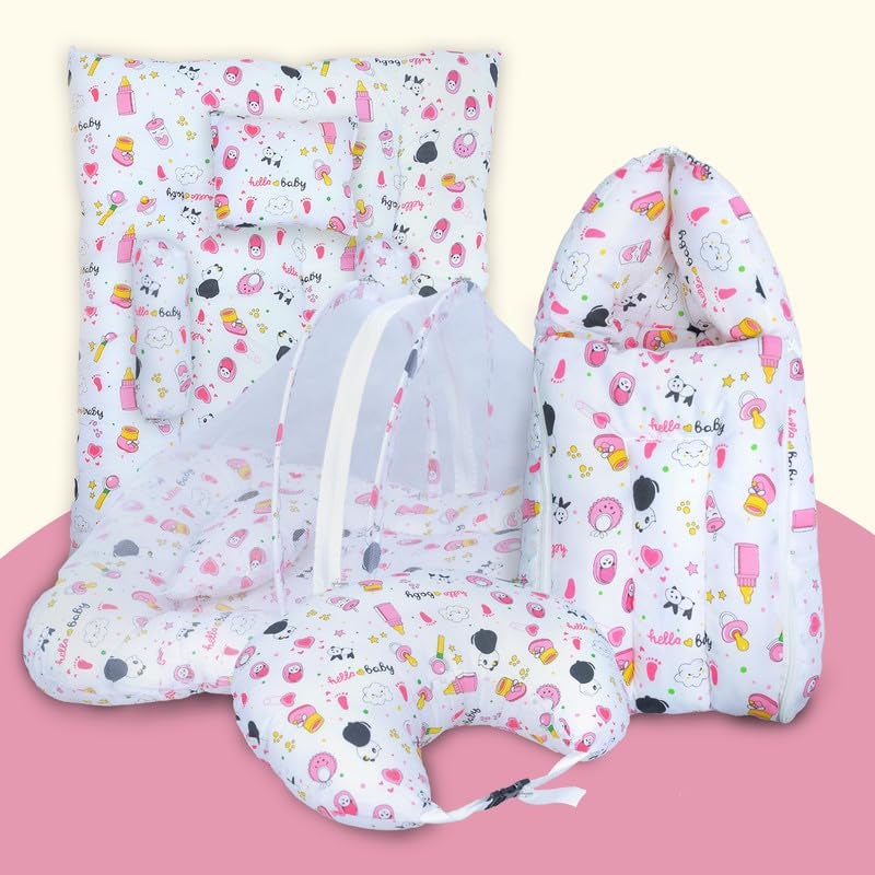 Infans Mini Baby Bedding Set, 4 Pcs Cotton Sleeping Essential|Baby Sleeping Bag|Sleeping Mattress|Mother Nursing Feeding Pillow|Mosquito Net Bed for 0-6 Months (Panda Pink) - Image 1